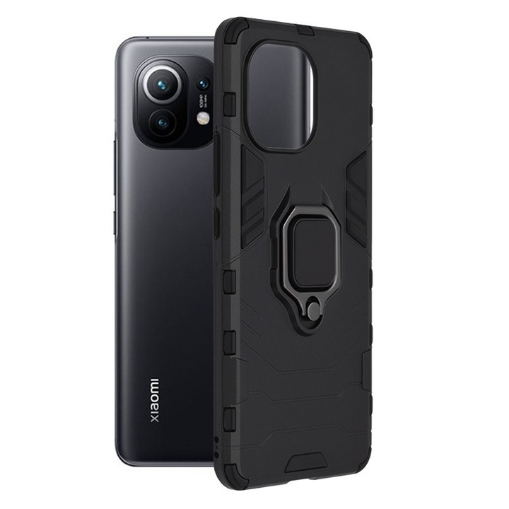 AZIAO Armor Ring tok Xiaomi Mi 11-hez, Army Shield, Hibrid szerkezet, 360°-os mágneses tartógyűrű, masszív, tartós tok, titán fekete
