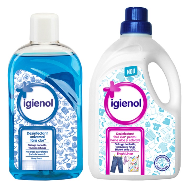 Опаковка Igienol, Дезинфектант за пране, 1,5 л и Универсален дезинфектант, 1 л, Син