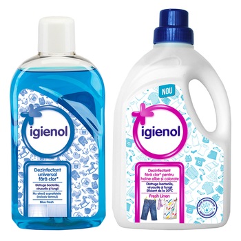Pachet Igienol dezinfectant rufe fresh linen 1.5 l si Igienol dezinfectant universal blue 1 l Pachet Igienol dezinfectant rufe fresh linen 1.5 l si Igienol dezinfectant universal blue 1 l