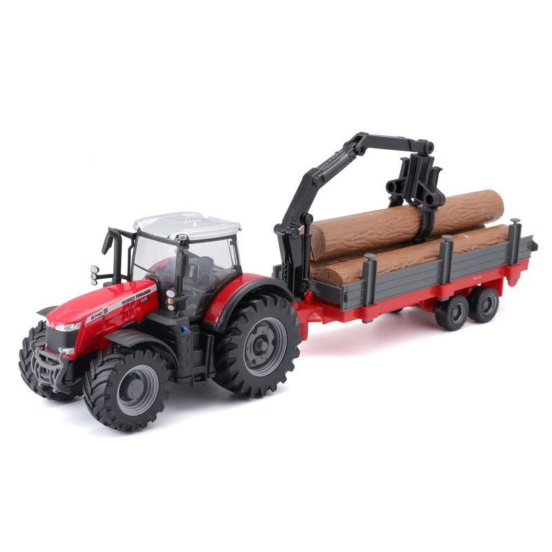 Macheta Tractor Massey Ferguson cu remorca si lemne - 1/50 Bburago