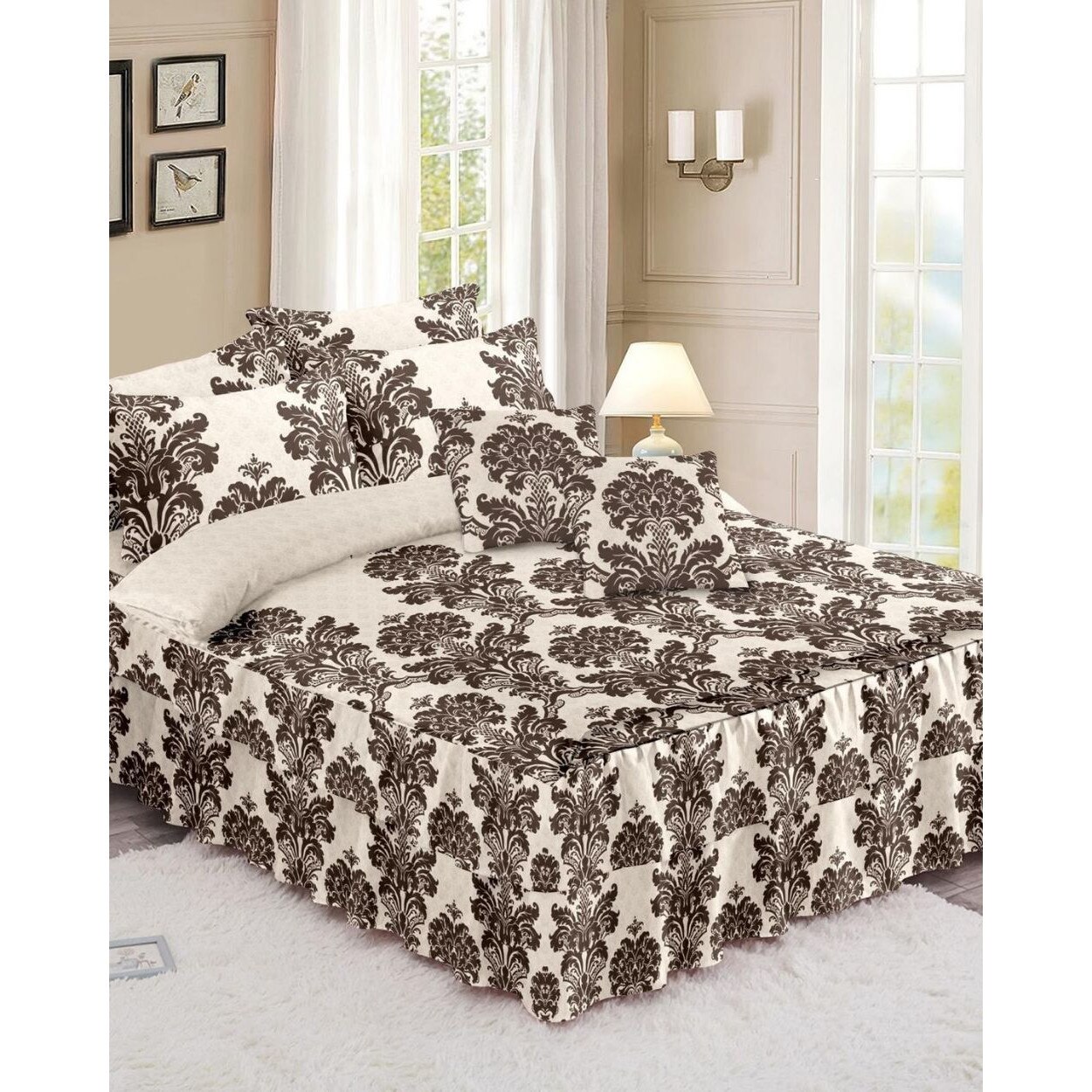 Lenjerie Finet Satinat cu Volanase, 6 Piese, Pat 2 Persoane, Adela, FNVC-91