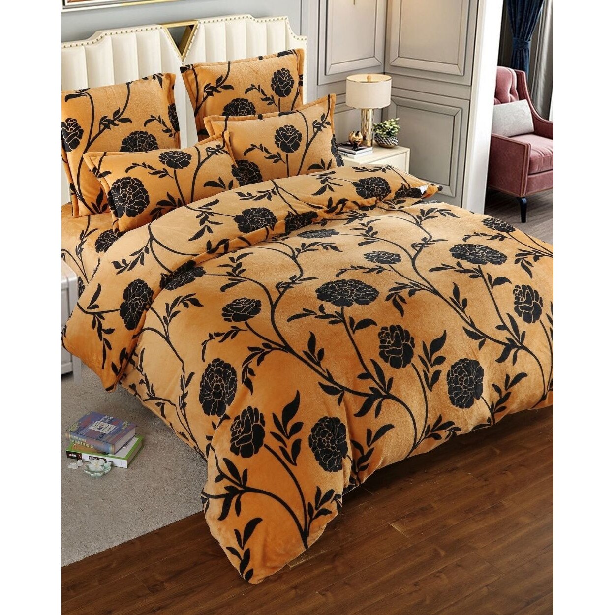 Set Lenjerie Pufoasa Cocolino cu 2 Fete, Pat 2 Persoane, 6 Piese, Trandafiri Negri, LCJ6-30