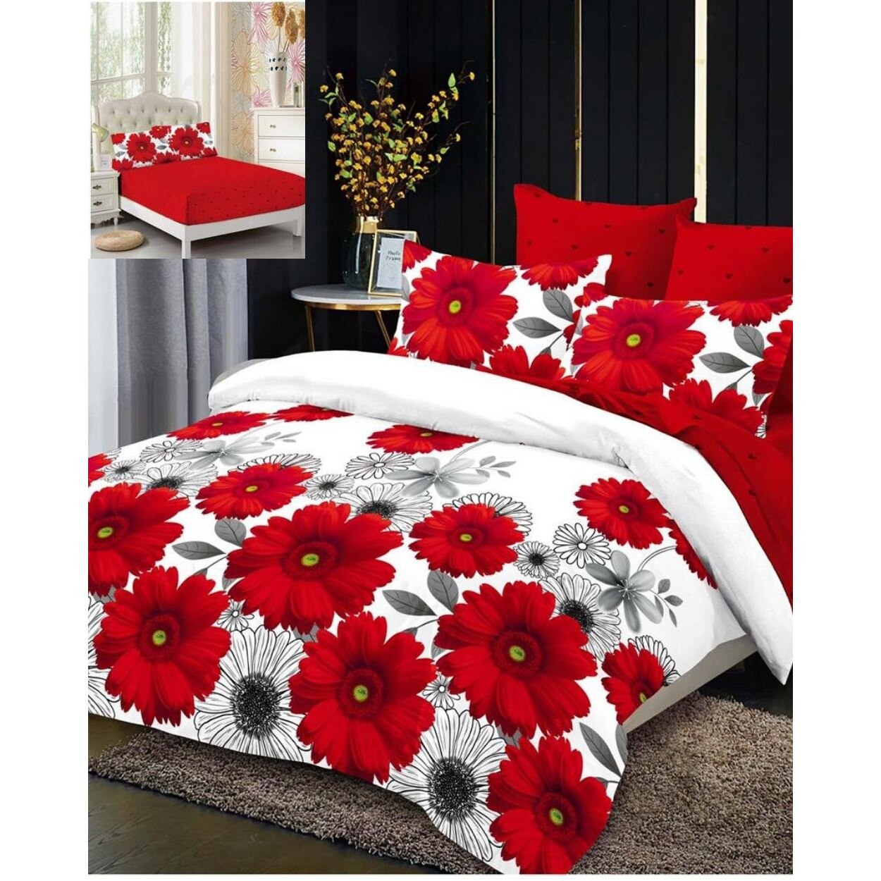 Set Lenjerie Finet, Cearceaf de Pat cu Elastic, 6 Piese, Pat 2 Persoane, Flori Rosii, FNCE-87