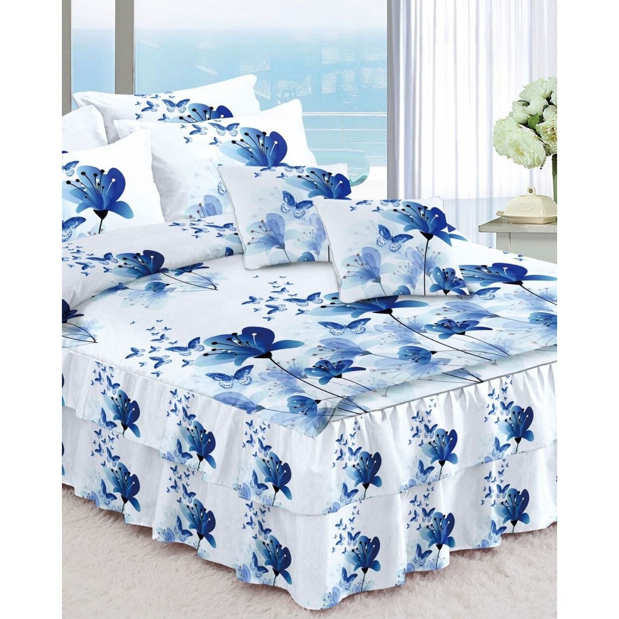 Lenjerie Finet Satinat cu Volanase, 6 Piese, Pat 2 Persoane, Blue Flowers, FNVC-93