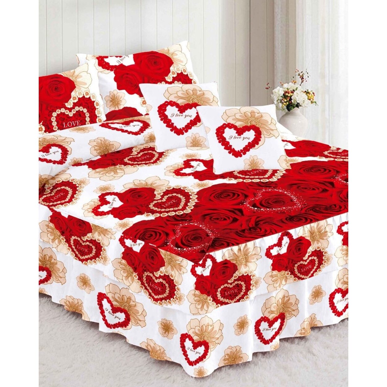 Lenjerie Finet Satinat cu Volanase, 6 Piese, Pat 2 Persoane, Trandafiri Rosii, FNVC-92