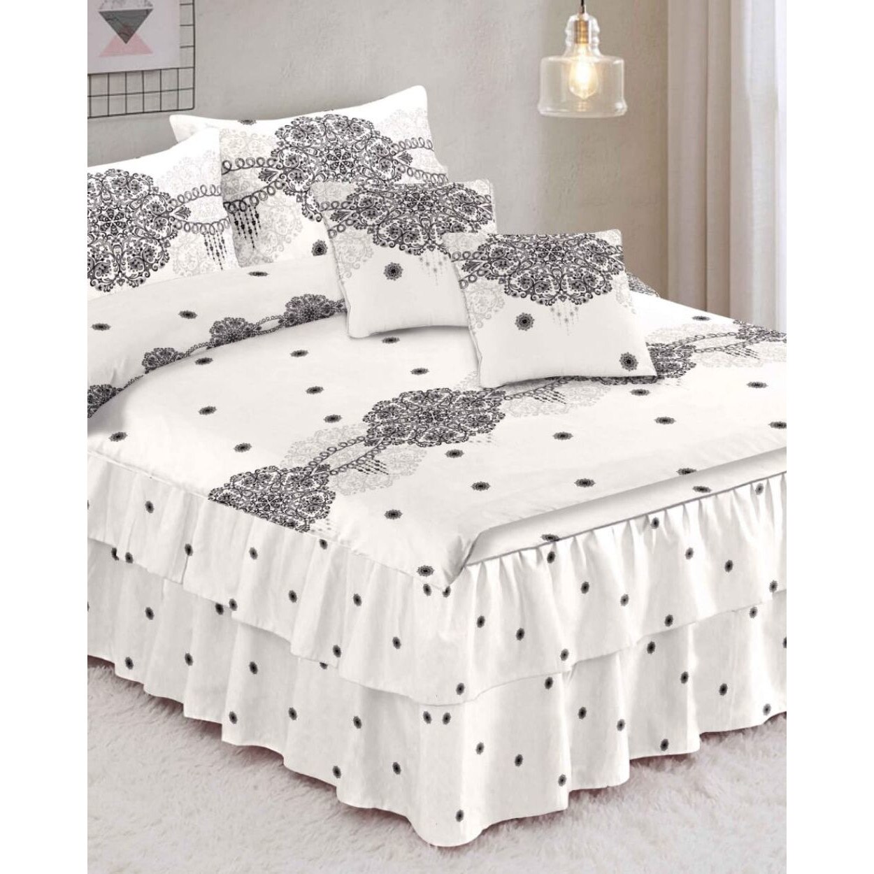 Lenjerie Finet Satinat cu Volanase, 6 Piese, Pat 2 Persoane, Black Dots, FNVC-96