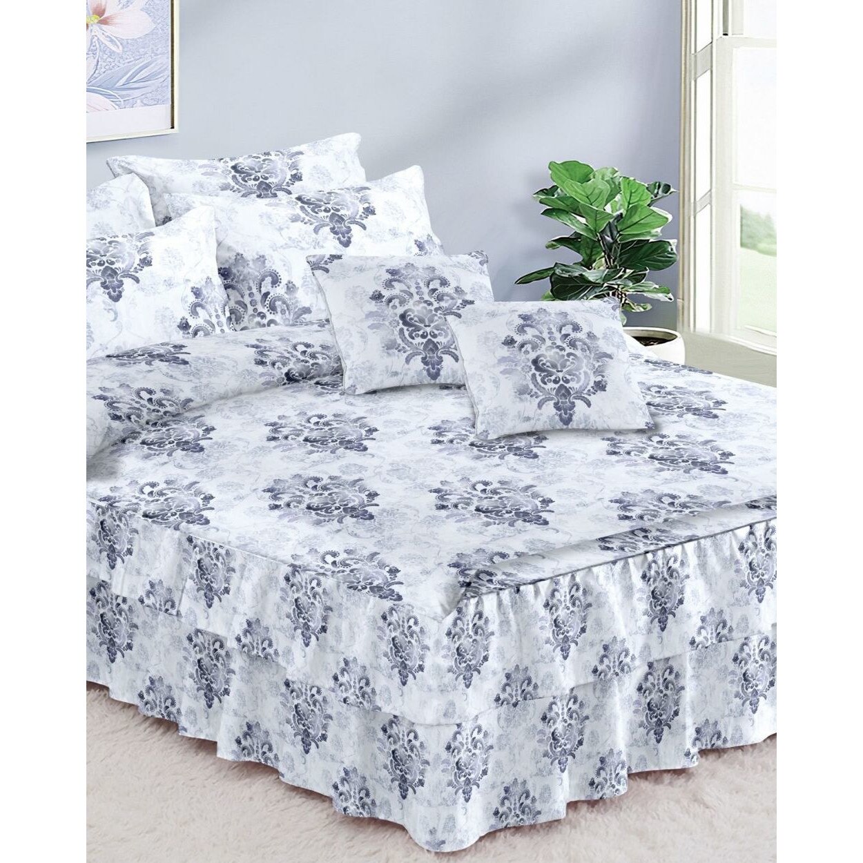 Lenjerie Finet Satinat cu Volanase, 6 Piese, Pat 2 Persoane, Jessica, FNVC-100