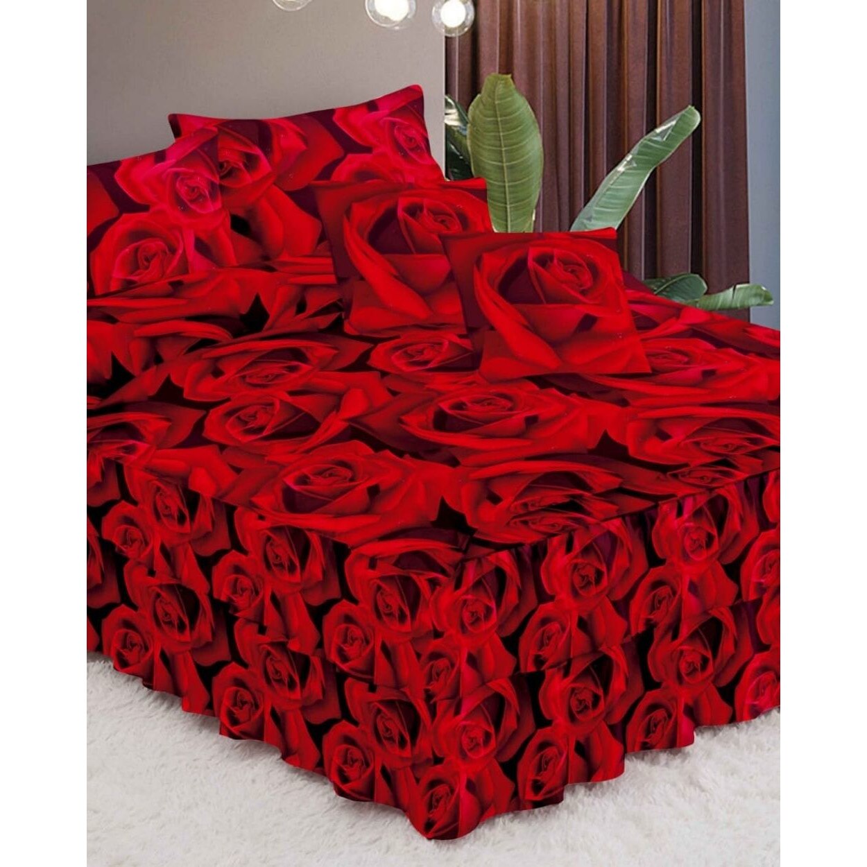 Lenjerie Finet Satinat cu Volanase, 6 Piese, Pat 2 Persoane, Big Red Rose, FNVC-98