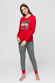 Sofiaman, Pijama cu pantaloni lungi cu tematica de Craciun, rosu, verde marin, alb Sofiaman, Pijama cu pantaloni lungi cu tematica de Craciun, rosu, verde marin, alb
