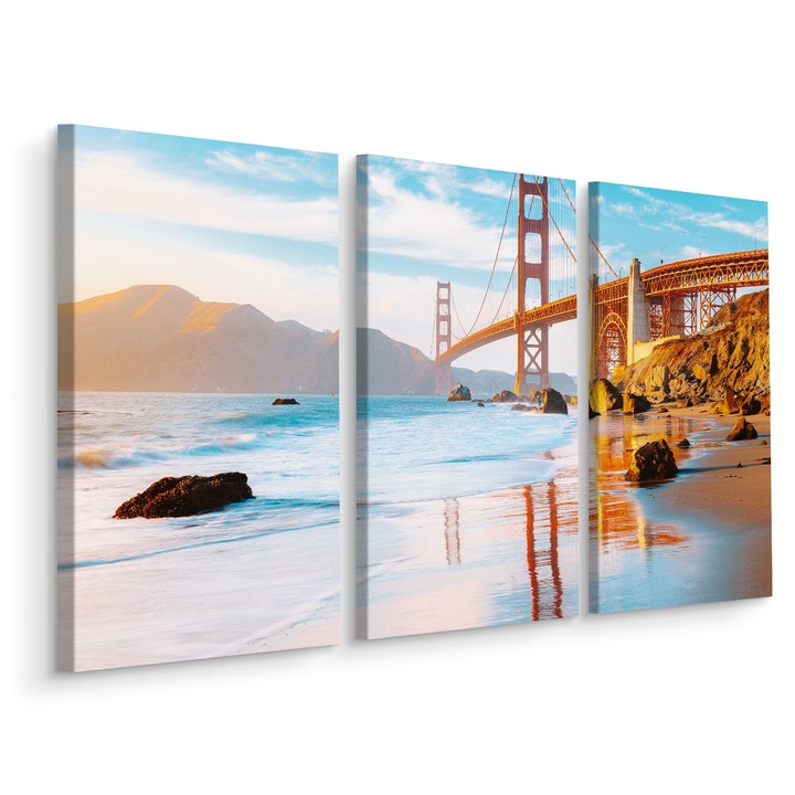 Set Tablou 3 Piece Triptic PODUL Golden Gate Panorama 60cm x 40cm Soare, Peisaj, Efect 3D, Canvas, Creative decor, Decorative, Panza pe cadru de lemn