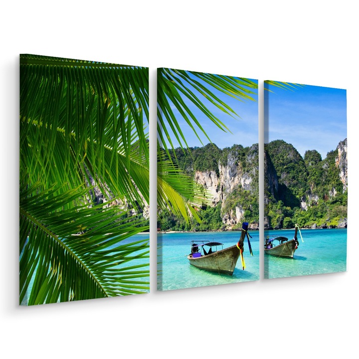 Set Tablou 3 Piese Triptic BARCI Munti Peisaj 3D 120cm x 80cm Multicanvas, Creative decor, Panza pe cadru de lemn, Decoratiuni Moderne pentru Casa