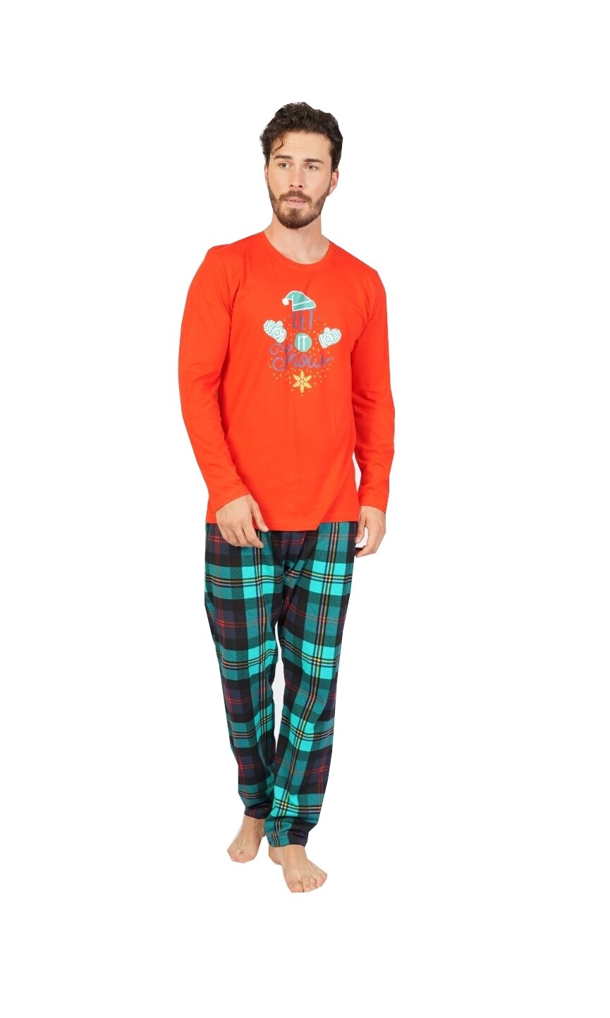 Pijama barbat maneca lunga pantaloni lungi,100% bumbac, imprimeu Snow, Rosu