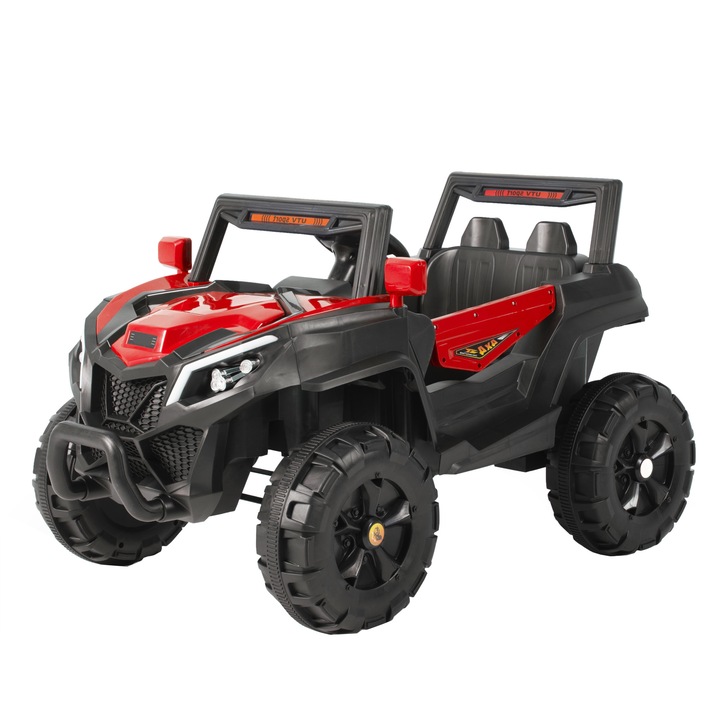Masinuta Electrica cu acumulator pentru copii NOVOKIDS™ Atlantis Buggy UTV, 2 locuri, Cu faruri luminoase, Telecomanda, 3-8 ani, max 35 kg, 12V, Mp3/USB, Model Offroad, Rosu cu Negru