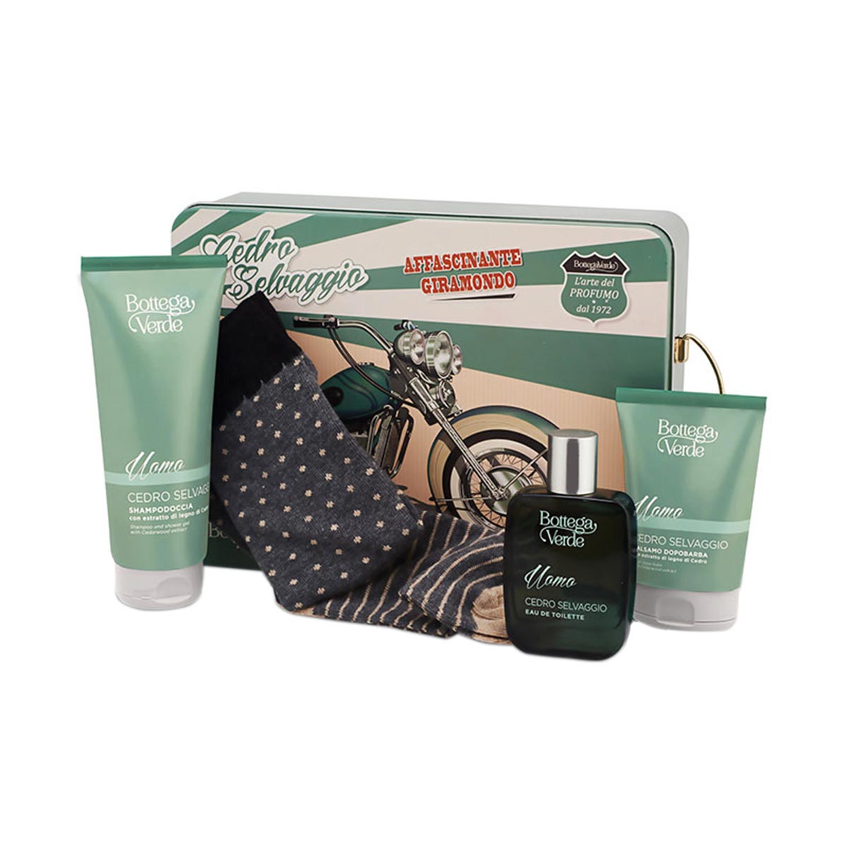 Set cadou barbati, ingrijire completa corp, cu extract de cedru, cutie metalica - Cedro Selvaggio, 1 B, 200 ML, 50 ML, 75 ML, Bottega Verde