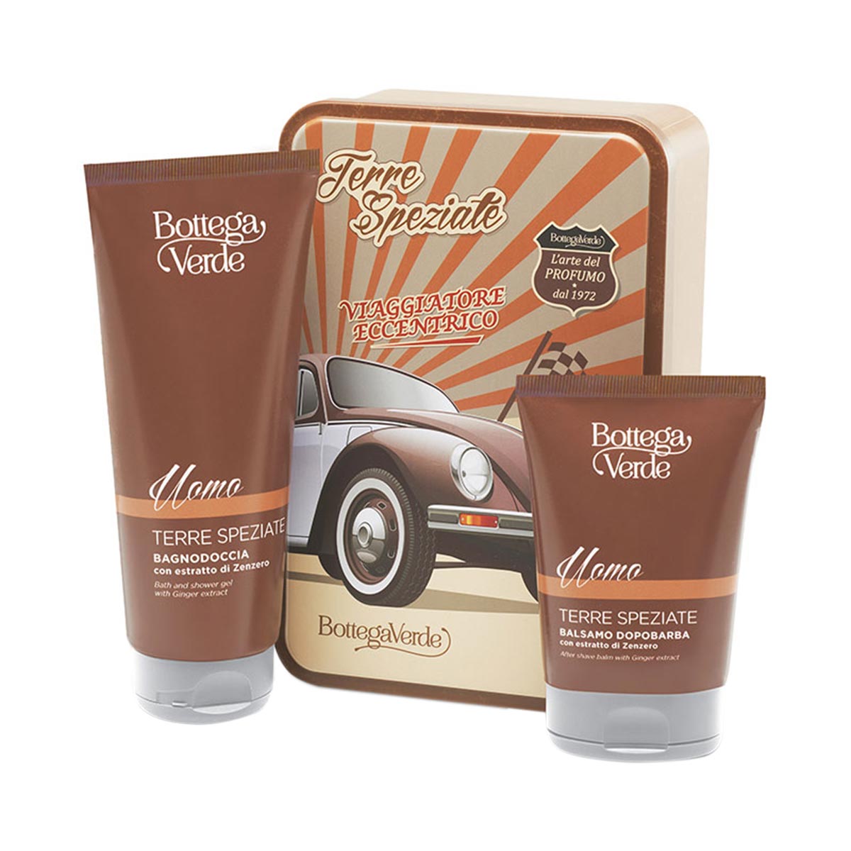 Set cadou barbati, ingrijire corp, cu extract de ghimbir, cutie metalica - Terre Speziate, 200 ML, 75 ML, Bottega Verde