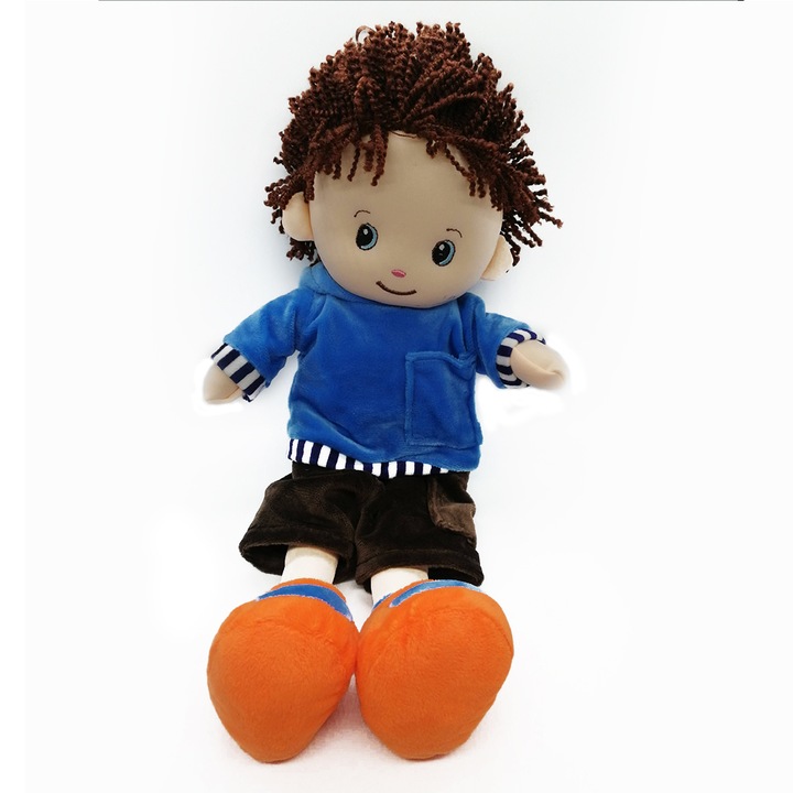 Papusa de Plus 40cm, Baietel in hanorac albastru cu gluga si pantaloni scurti care canta in limba romana