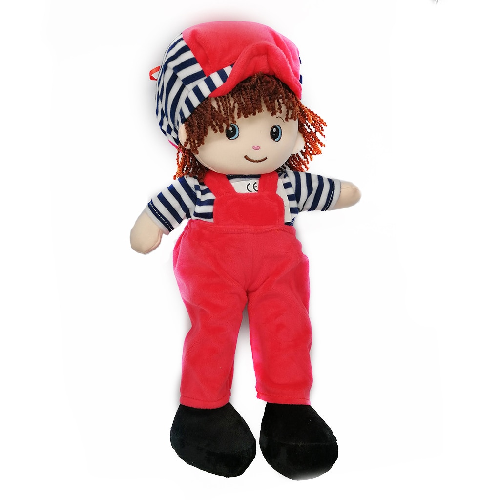 Papusa de Plus 40cm, Baietel in Salopeta Rosie si Sapca care spune Rugaciunea