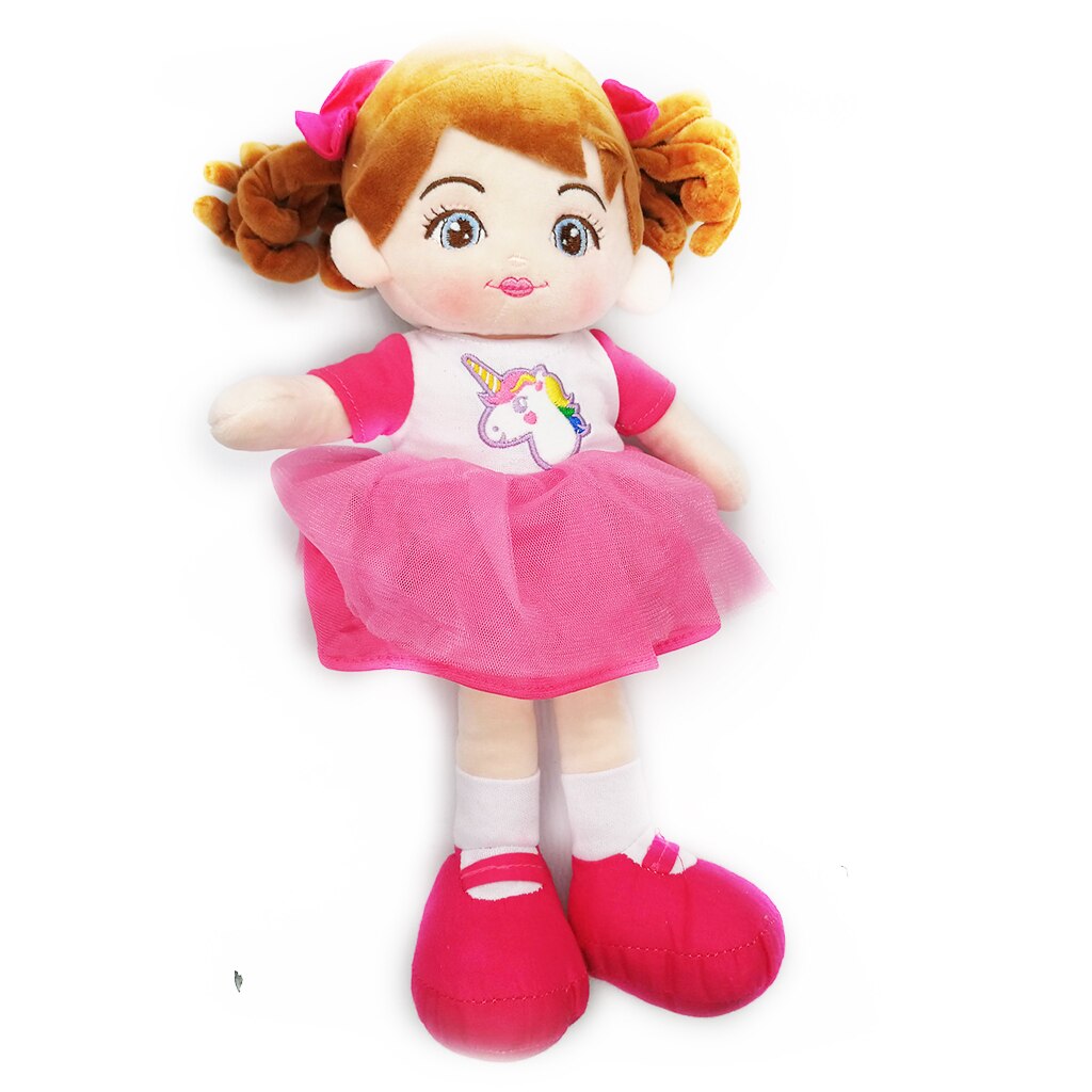 Papusa de plus ADA, 40cm, in rochita Roz cu Unicorn, care spune in Limba Romana Rugaciunea