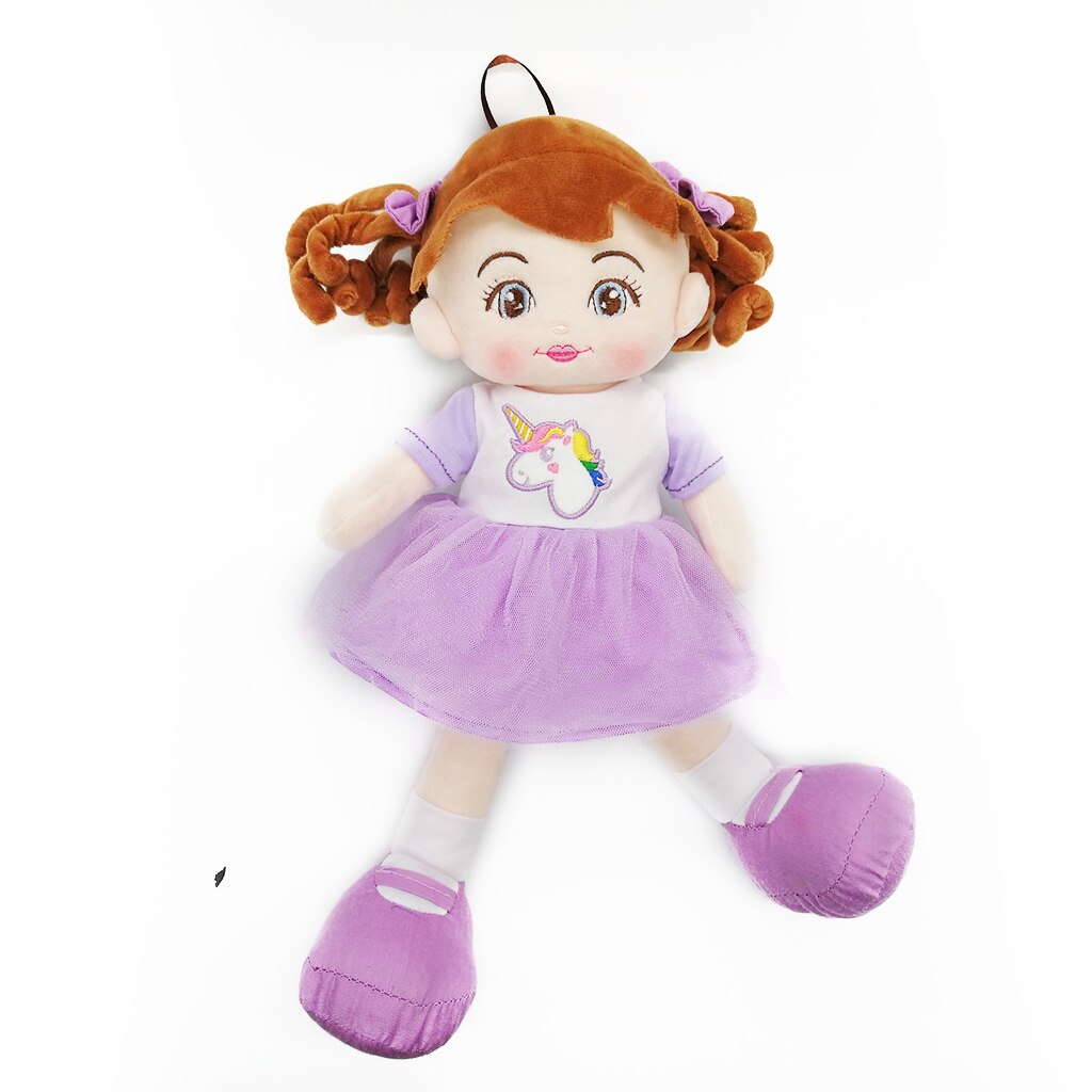 Papusa de plus ADA, 40cm, in rochita Mov cu Unicorn, care spune in Limba Romana Rugaciunea