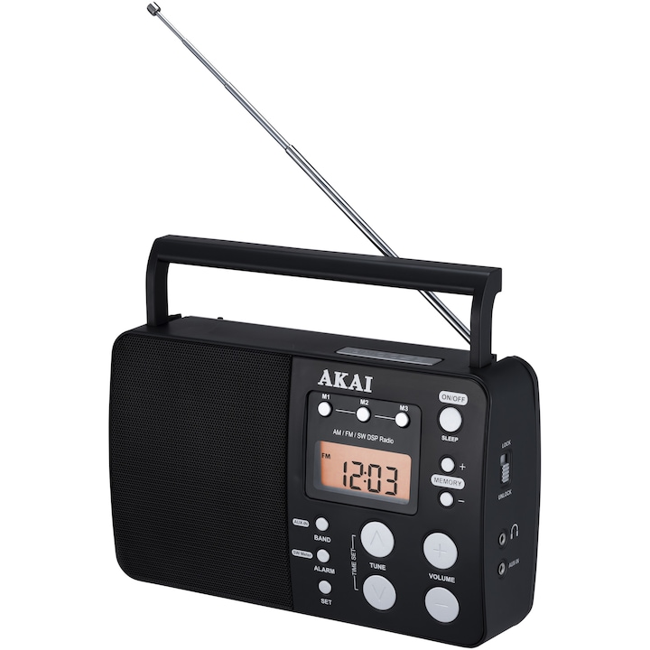 Akai APR-200 hordozható rádió, ébresztőóra, AM / FM, fekete
