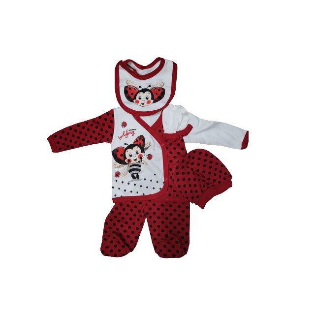 Set hainute 5 piese pentru bebe, 3-6 luni, bumbac, Imprimeu Albinuta, alb-rosu