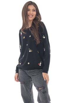 Pulover de dama, ROH BR2437, negru , cu broderie delicata, S-M Pulover de dama, ROH BR2437, negru , cu broderie delicata, S-M