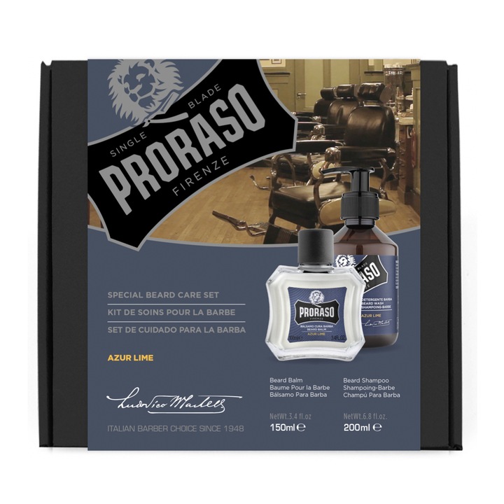 Set pentru ingrijirea barbii cu balsam 100 ml si sampon de barba 200 ml, Proraso, Azur Lime Duo Pack