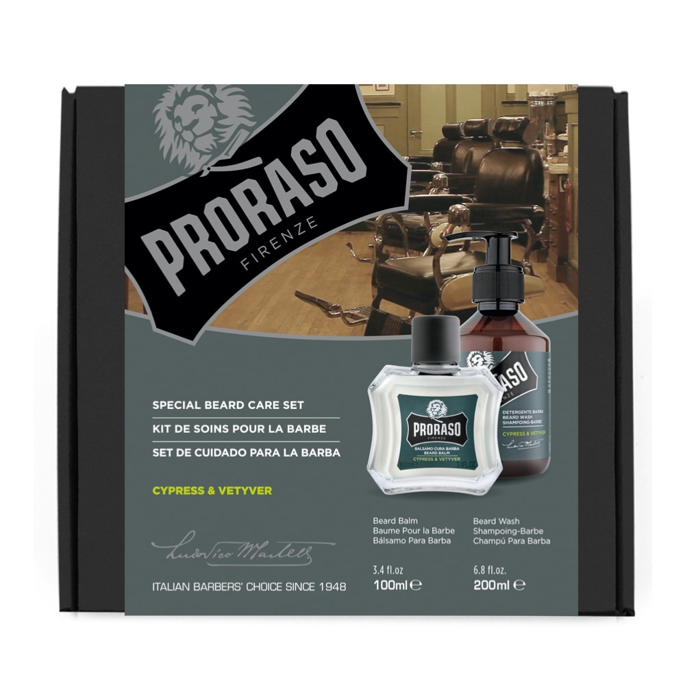 Set pentru ingrijirea barbii cu balsam 100 ml si sampon de barba 200 ml, Proraso, Cypress Vetiver Duo Pack