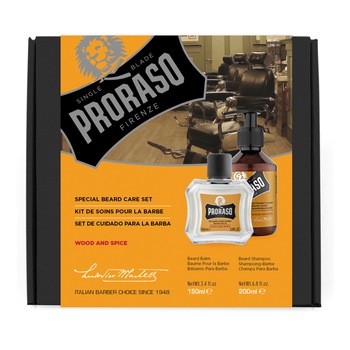 Set pentru ingrijirea barbii cu balsam 100 ml si sampon de barba 200 ml, Proraso, Wood and Spice Duo Pack Set pentru ingrijirea barbii cu balsam 100 ml si sampon de barba 200 ml, Proraso, Wood and Spice Duo Pack