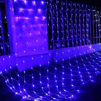 Instalatie Craciun, Tip Plasa, 1.5 m x 1.5 m, 120 LED-uri, Albastru, Transformator cu 8 jocuri de lumini, 31V, 9W, Interconectabila, Prelungitor 3 m, cablu transparent, Flippy