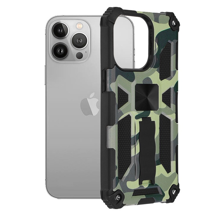 Husa de protectie pentru iPhone 13 Pro, functie landscape, magnet auto, Camuflaj, KOF-BBL3401