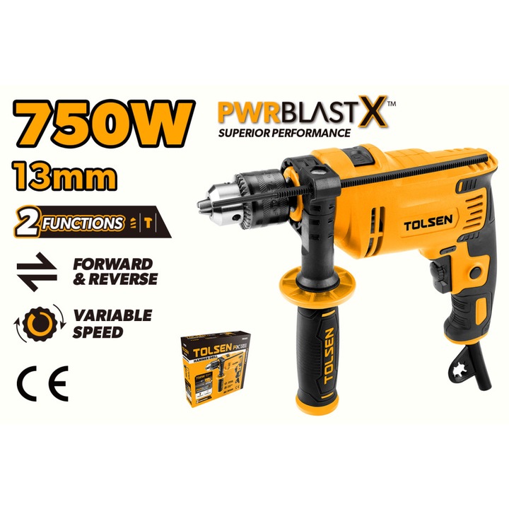 Bormasina Electrica 750W TOLSEN FX Force Xpress Industrial, 230-240V, 0-3000rpm, Impact 48000bpm, Mandrina Ø13mm, Max Ø13mm Otel, 25mm Lemn, Cablu VDE 2m, Maner Lateral, Cheie 13mm, Indicator Adancime, CE/GS