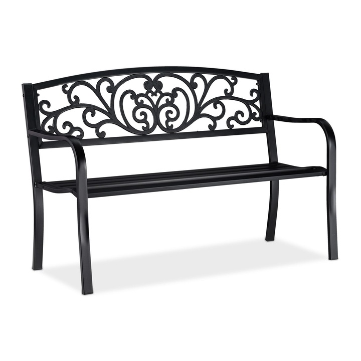 Banca de gradina, 2 persoane, 86.5 x 127 x 60 cm, negru, capacitate 220kg, Relaxdays