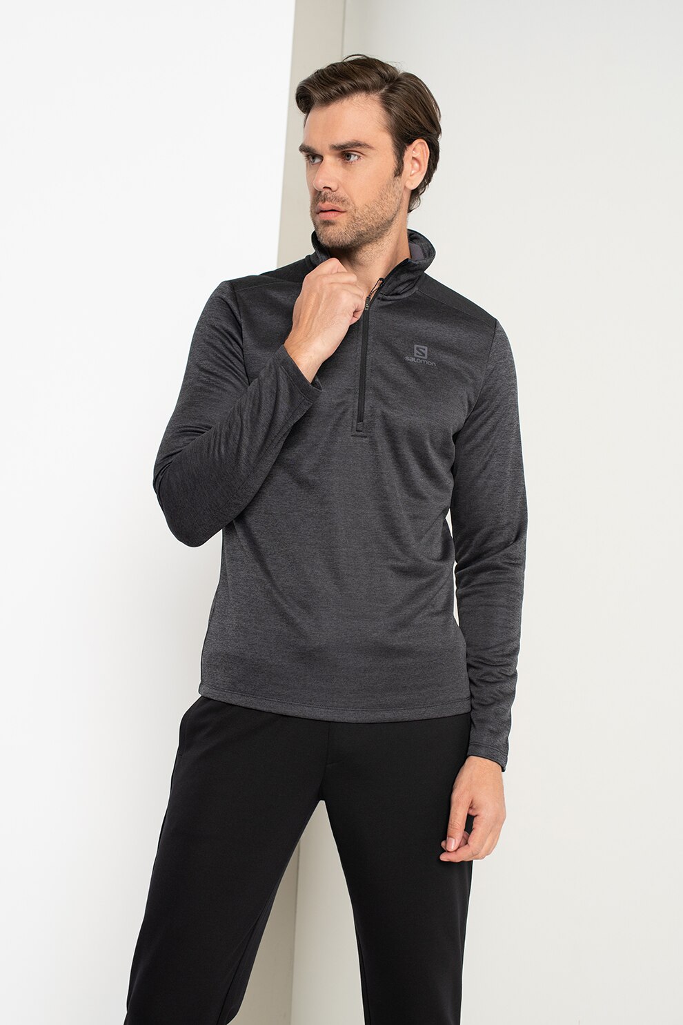 Salomon, Bluza cu maneci raglan pentru drumetii Midlayer, Negru melange