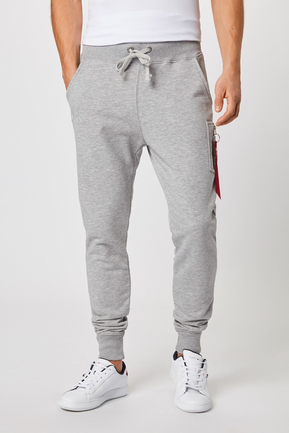 ALPHA INDUSTRIES, Pantaloni sport slim fit cu snur pentru ajustare, Gri deschis melange