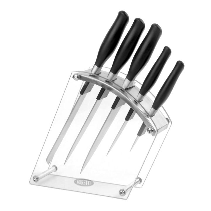 Set de 5 cutite, Boretti, Punto, lama din otel inoxidabil rezistent la coroziune, suport transparent minimalist, maner ergonomic, negru