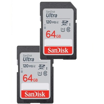 Pachet 2 x Card de memorie SD Card SanDisk Ultra, 64GB, 120 MB/s Pachet 2 x Card de memorie SD Card SanDisk Ultra, 64GB, 120 MB/s