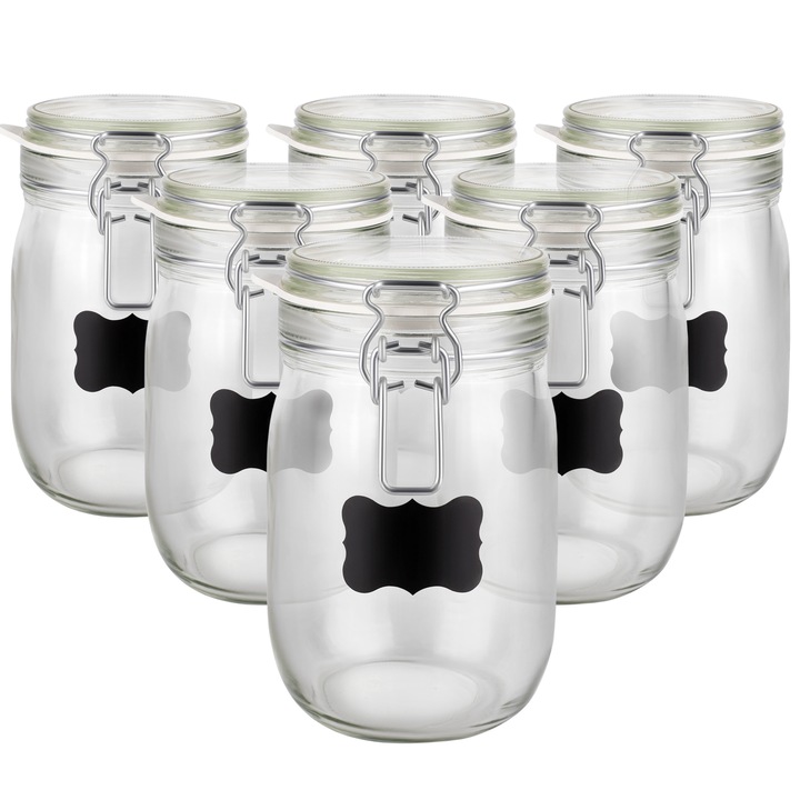 Set 6 borcane sticla, Transperent, 8 stickere reutilizabile, 1l