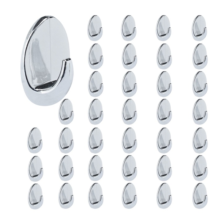 Set 36 agatatori cuier, cu banda autoadeziva, ovale, argintiu