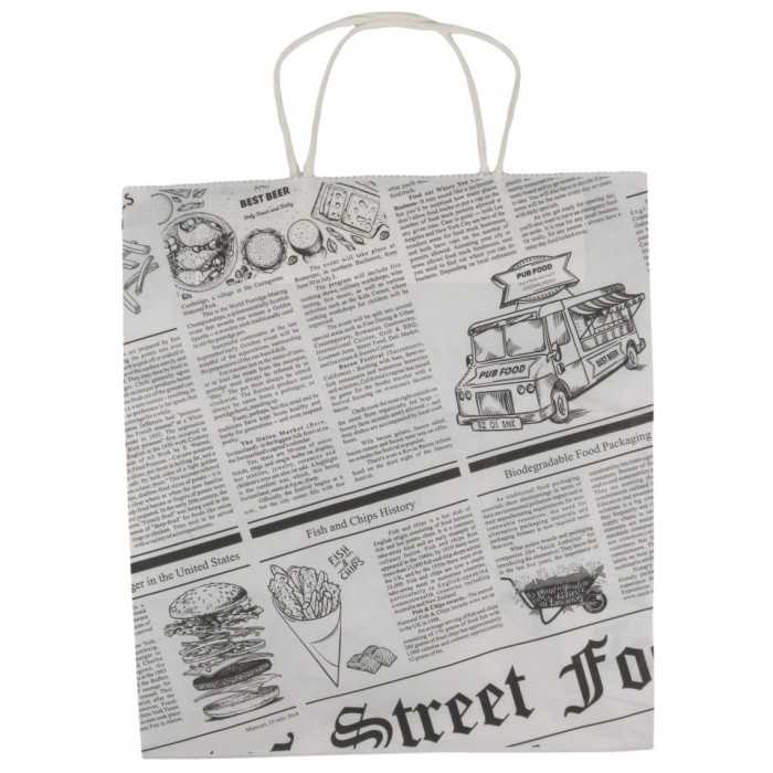 Set sacose din hartie model Ziar cu maner, 26x17x28 cm, 100 buc