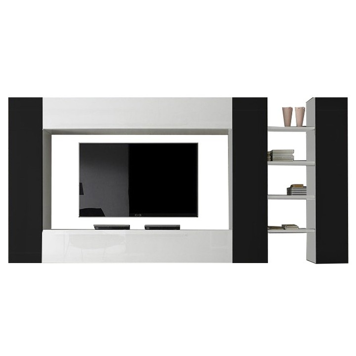 Living Broadway 3N, Negru/Alb lucios, L290 x A32 x H160 cm, PAL si MDF de 18 mm
