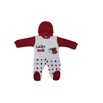 Salopeta cu botosei si caciulita, maneca lunga, model buburuza Salopeta cu botosei si caciulita, maneca lunga, model buburuza