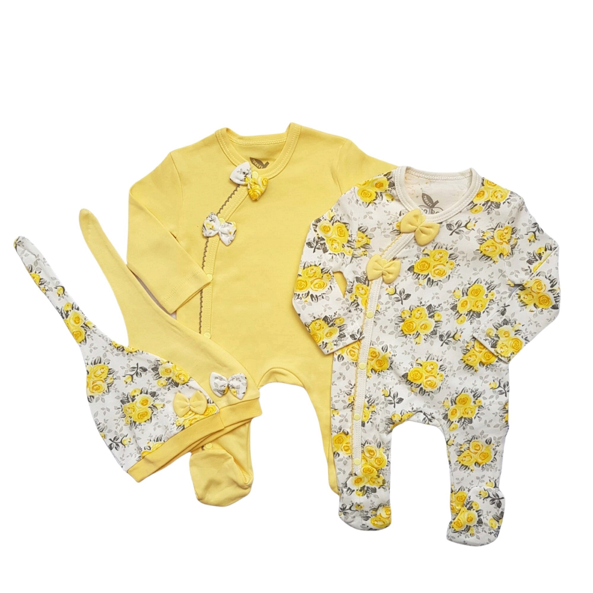 Set 2 salopete cu botosei si caciulite, Rose, Galben, 62 CM