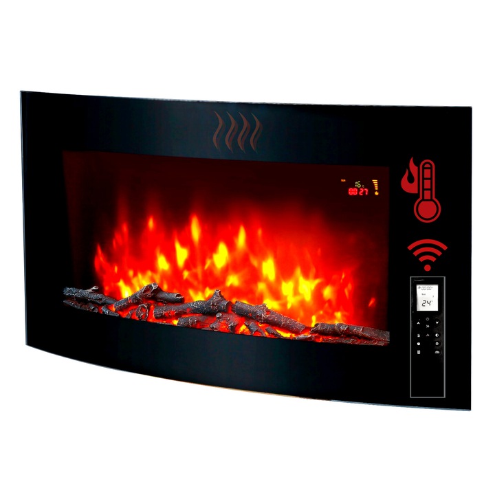Elektromos kandalló fűtéssel 2000 W, TenX®, távirányítóval, fali vagy beépíthető, fekete, láng és tűz effektussal