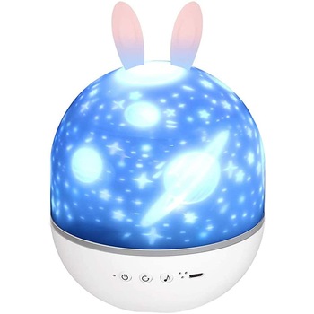 Veioza muzicala proiector pentru copii, cu boxa bluetooth, proiectie moderna rotativa pe tavan, alimentare USB si acumulator 1200mAh, telecomanda, 8 melodii, cu urechi de iepuras Veioza muzicala proiector pentru copii, cu boxa bluetooth, proiectie moderna rotativa pe tavan, alimentare USB si acumulator 1200mAh, telecomanda, 8 melodii, cu urechi de iepuras