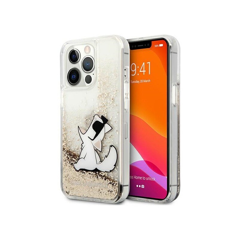 Husa Spate Karl Lagerfeld Compatibila Cu iPhone 13 Pro, Colectia Liquid Glitter Choupette Fun, Gold - 9029036