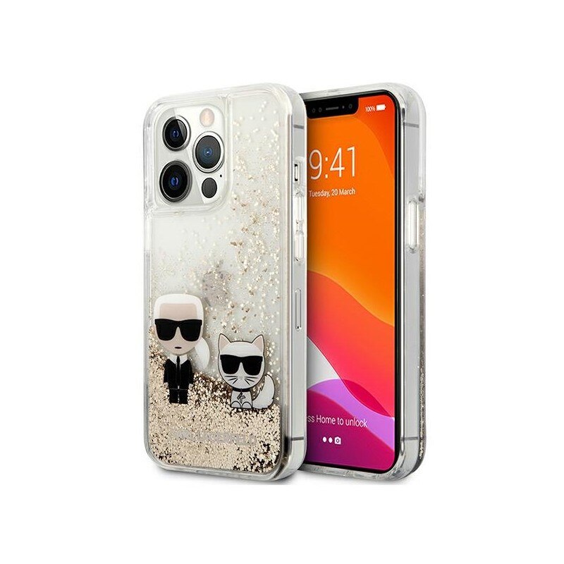 Husa Spate Karl Lagerfeld Compatibila Cu iPhone 13 Pro, Colectia Liquid Glitter Karl Si Choupette, Gold - 9027315