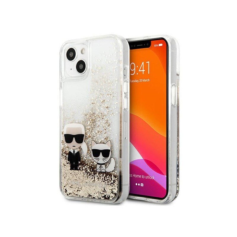 Husa Spate Karl Lagerfeld Compatibila Cu iPhone 13, Colectia Liquid Glitter Karl Si Choupette, Gold - 9027308