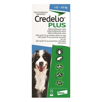Deparazitare interna si externa caini, Elanco, Credelio Plus, o tableta masticabila, 22-45 kg Deparazitare interna si externa caini, Elanco, Credelio Plus, o tableta masticabila, 22-45 kg