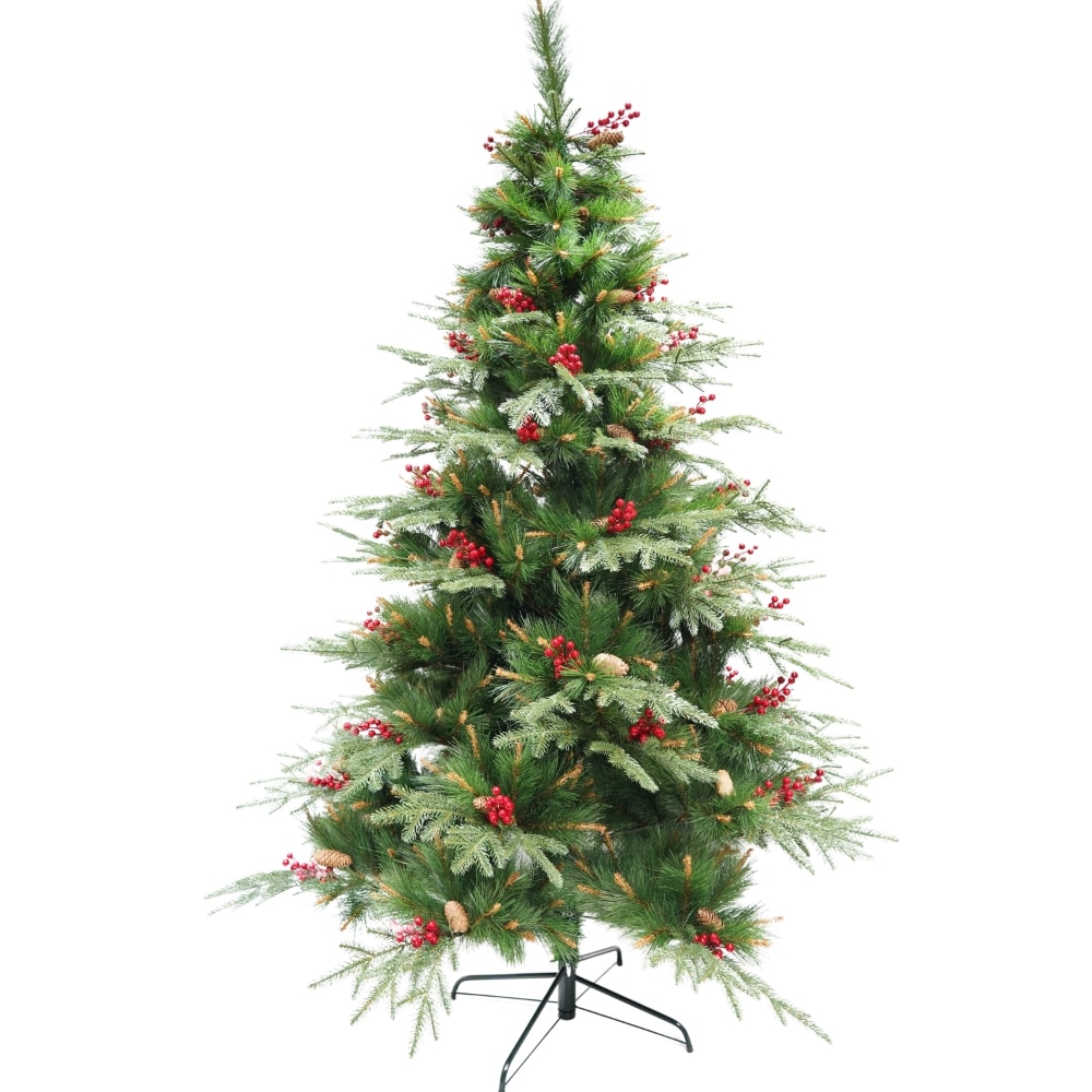 Brad artificial de Craciun, decorat cu conuri pin rosii, inaltime 180 cm, diametru 120 cm, 414 ramuri, Flippy, verde, suport metalic inclus